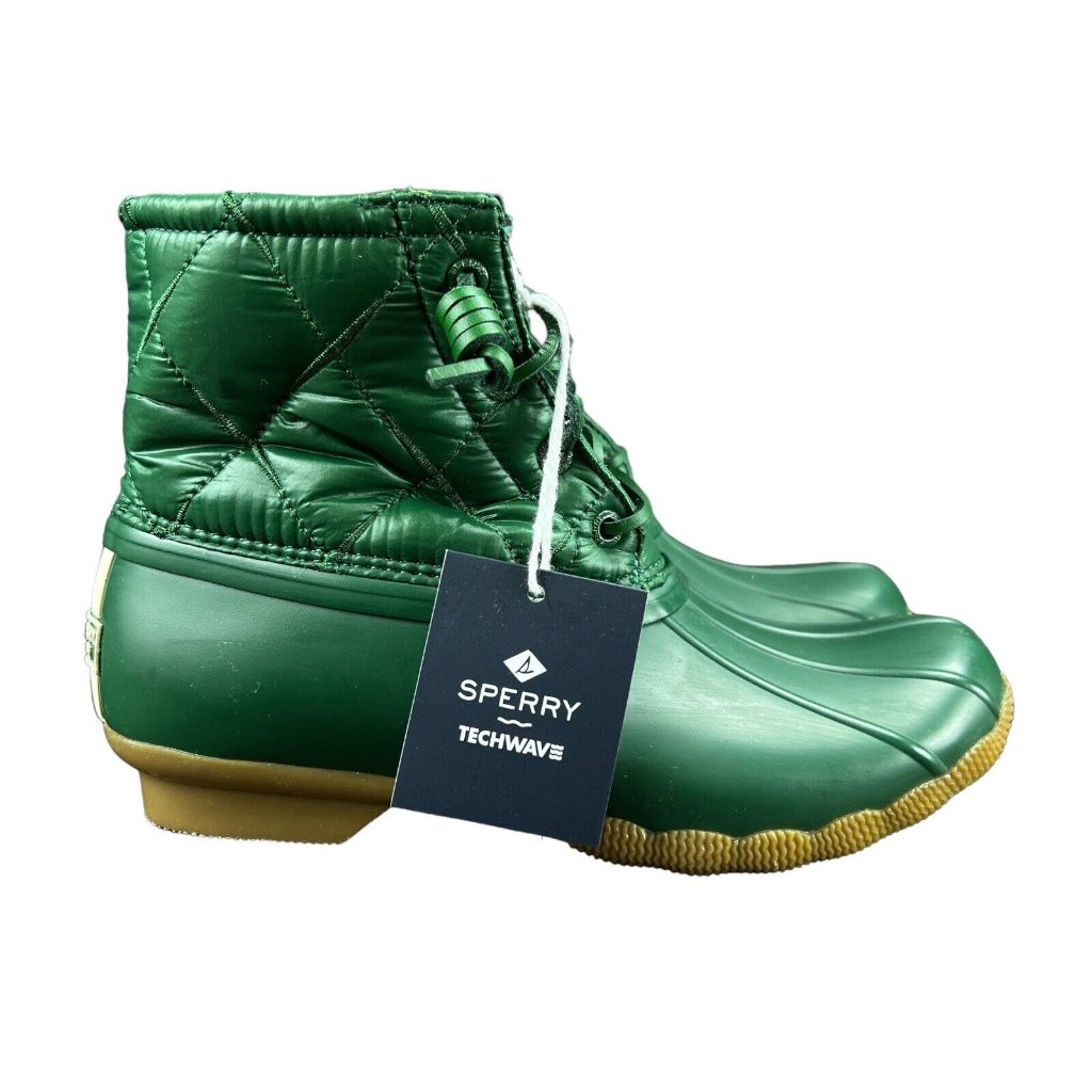 Sperry Saltwater Nylon Quilt Green Duck Boots Women's Sizes 6 - 10 M
